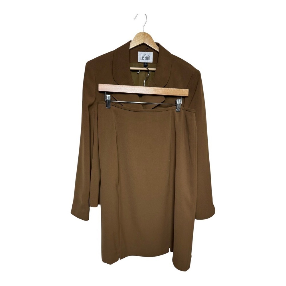 Le Suit Brown Double Breasted Blazer Skirt Suit Set Women Size 14 Career Office